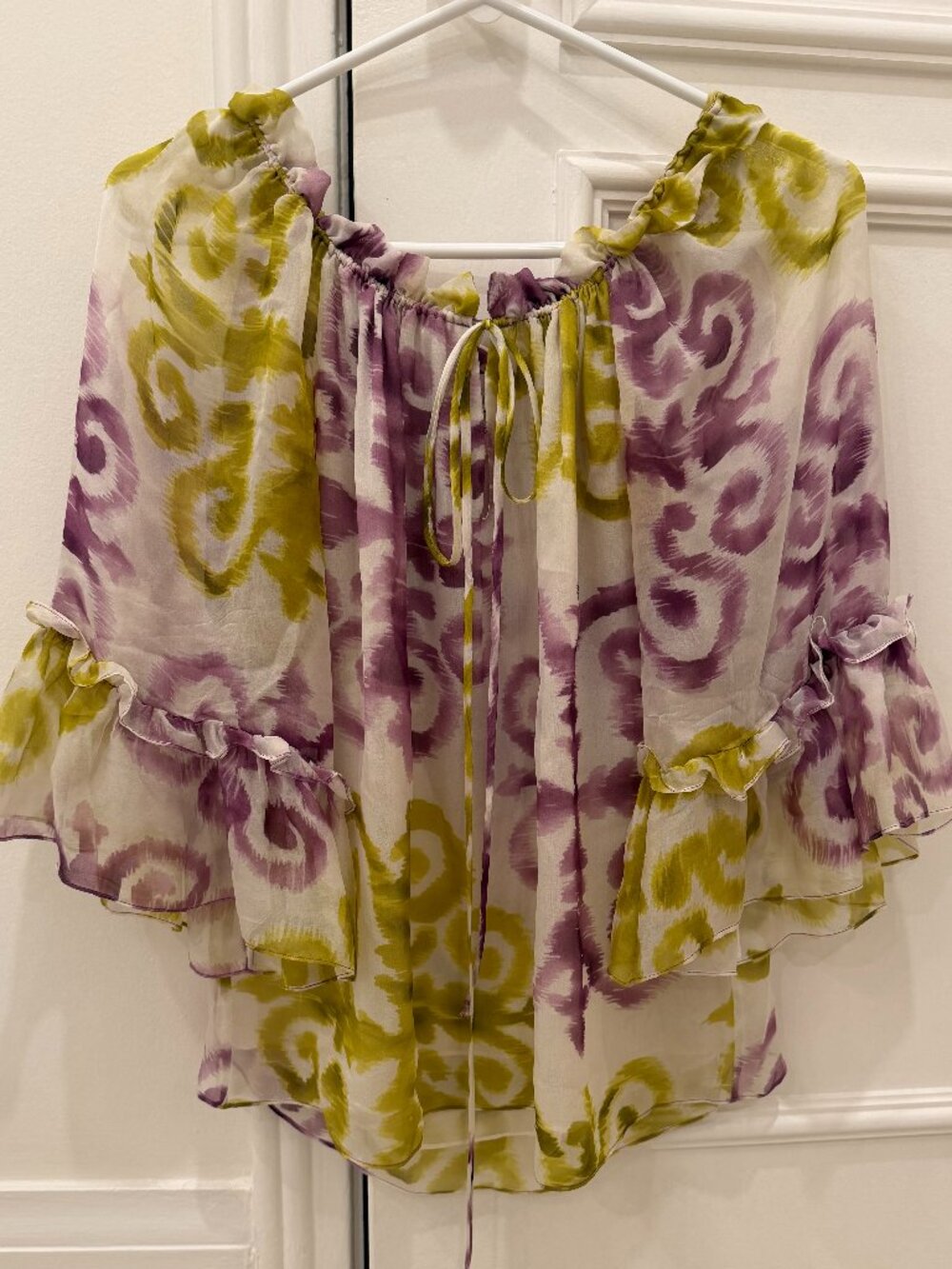 Dreamy Boho Chiffon Blouse ✨ Purple & Lime Print, Ruffle Bell Sleeves, Flowy fit